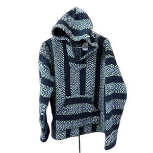 Baja Surfer Hoodie Hippie Mexican Poncho M Black Green Pocket Cotton Blend